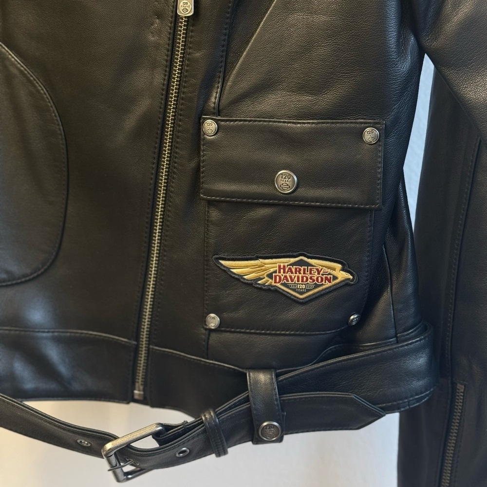 Harley Davidson Women's 120th Anniversary D-Pocket Biker Leather Jacket - Black - Picture 8 of 16